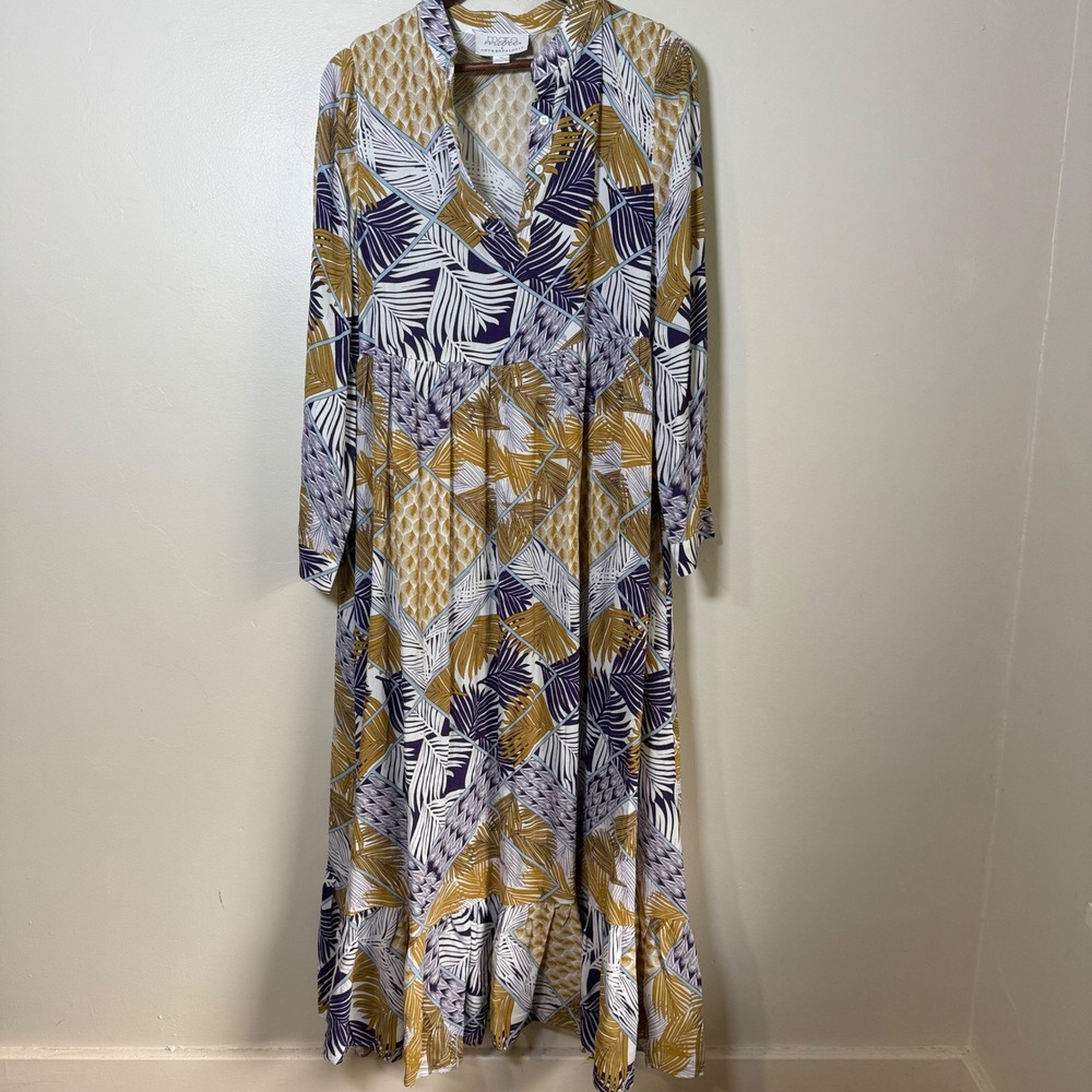 Mare Mare x Anthropologie Tropical Palm Print Ruffle Maxi Dress Size M Mustard